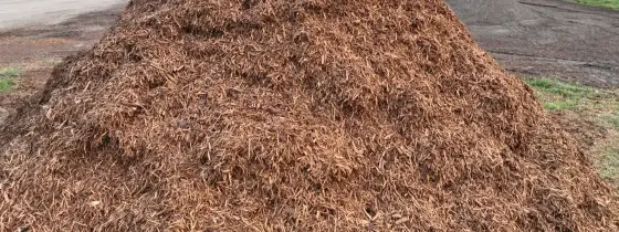 Pila alta de mulch de cedro café claro y desmenuzado en la yarda de menudeo, con pilas más oscuras y el puente de la autopista atrás