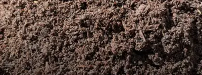 Textura en acercamiento de composta cernida fina café oscuro con pequeñas fibras de madera
