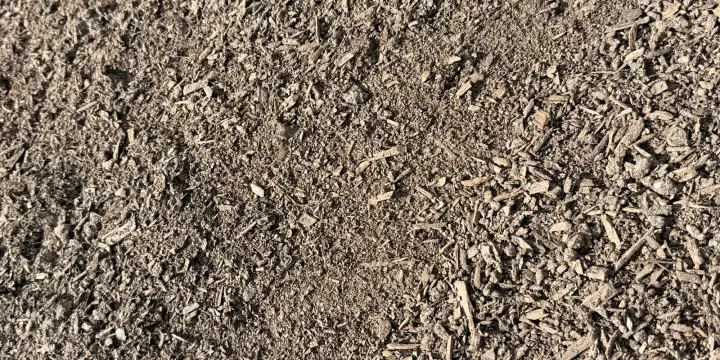 Fine grey-brown screened compost spread flat in sunlight with small bits of wood fiber