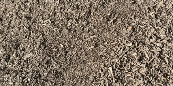 Fine grey-brown screened compost spread flat in sunlight with small bits of wood fiber