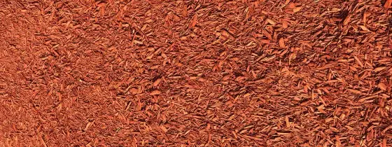 Close-up of bright red dyed shredded mulch on the pile, sunlit chips with shade along the lower right