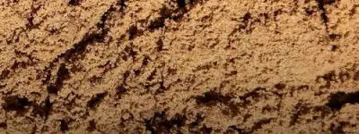 Close-up texture of fine tan screened bank sand with a lightly crumbled surface